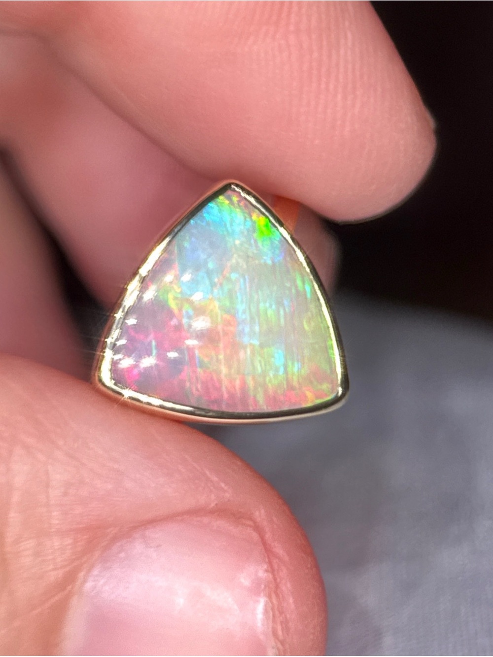 14k Gold Australian Opal Triangle Ring — Multi-Color Opal Accent - Picture 14 of 17